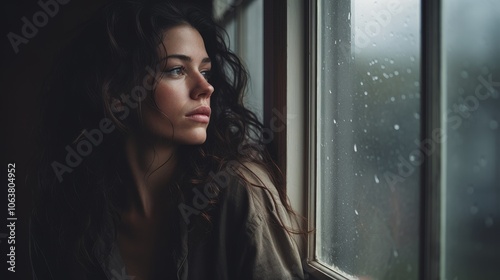 Contemplative Woman in Moody Studio with Rainy Window