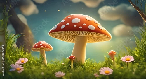 Wallpaper Mural mushrooms in the grass, animated scene Torontodigital.ca