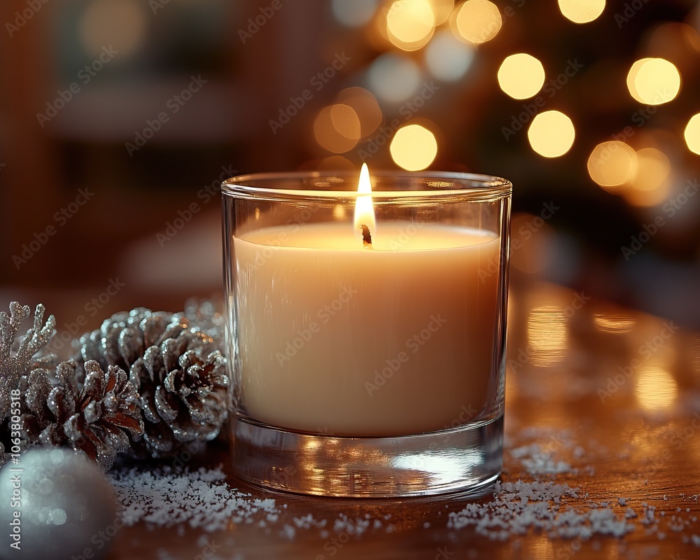 A glowing candle sits on a wooden surface, surrounded by festive decorations, creating a warm, cozy atmosphere perfect for the holiday season. A glowing candle sits on a wooden surface, surrounded by festive decorations, creating a warm, cozy atmosphere perfect for the holiday season.