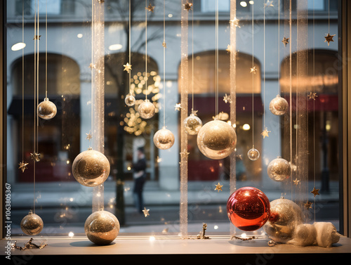 Christmas themed shop window decor with festive decorations hanging from strings and creating luxurious and festive vibe. Christmas shop decor. Holiday themed window display.