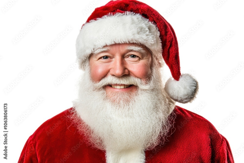 Santa claus smiling and wearing a red suit and hat on white background Santa claus smiling and wearing a red suit and hat on white background