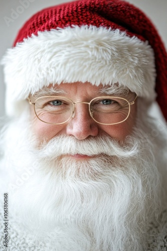 Kind santa claus wearing glasses and smiling gently