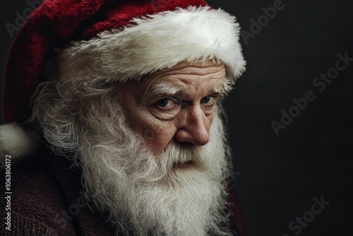 Santa claus wearing traditional costume looking suspicious on dark background