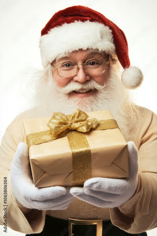 Santa claus offering christmas gift wrapped with golden ribbon Santa claus offering christmas gift wrapped with golden ribbon
