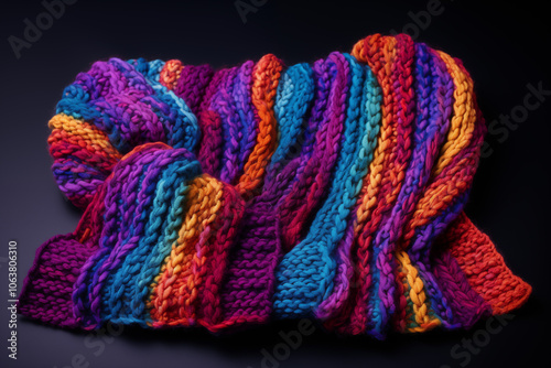 Colorful knitted scarf with vibrant patterns displayed on a dark background, showcasing the art of textile craftsmanship and design. photo