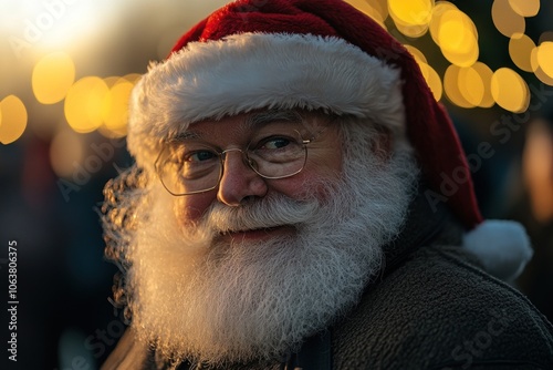 Santa claus smiling and bringing christmas magic with golden bokeh lights photo