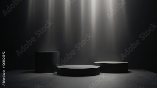 Elegant Black Cylinder Podiums with Ethereal Light Beams: Perfect for Luxury Product Displays and High-End Marketing