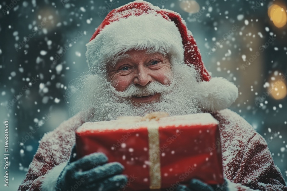 Santa claus holding christmas gift while snowing outdoors Santa claus holding christmas gift while snowing outdoors