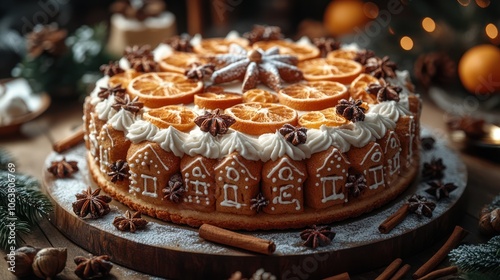 A delicious gingerbread cake decorated with orange slices, star anise, cinnamon sticks, and powdered sugar.