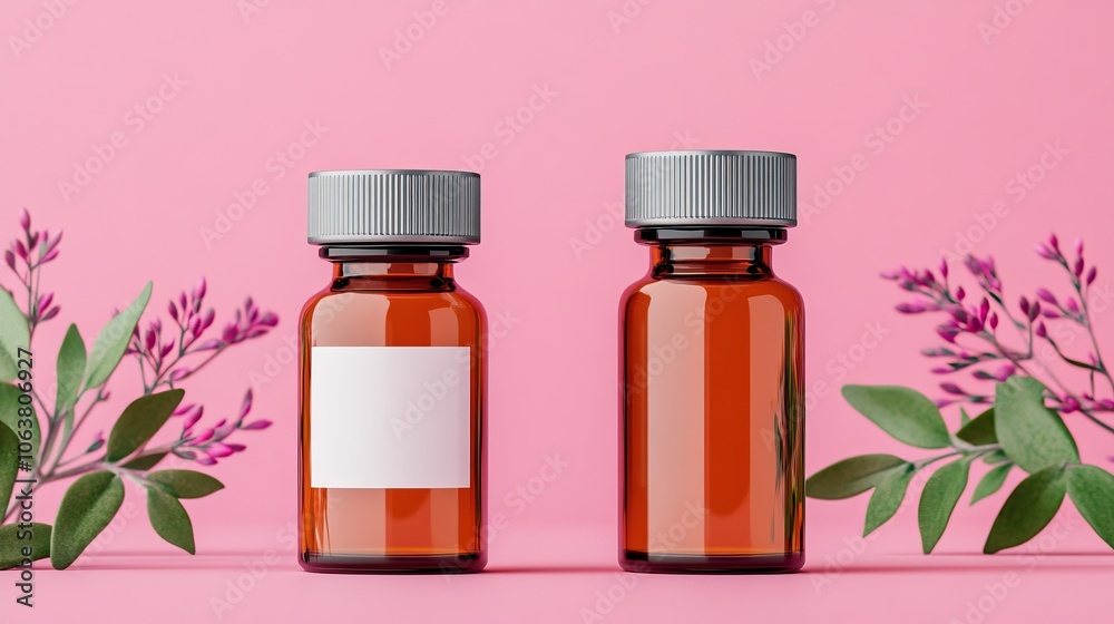 Two glass bottles on a pink background surrounded by greenery and flowers, ideal for showcasing natural remedies or cosmetics. Two glass bottles on a pink background surrounded by greenery and flowers, ideal for showcasing natural remedies or cosmetics.