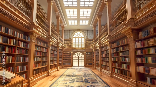 Ornate Classical Library with Wooden Bookshelves and Arched Windows