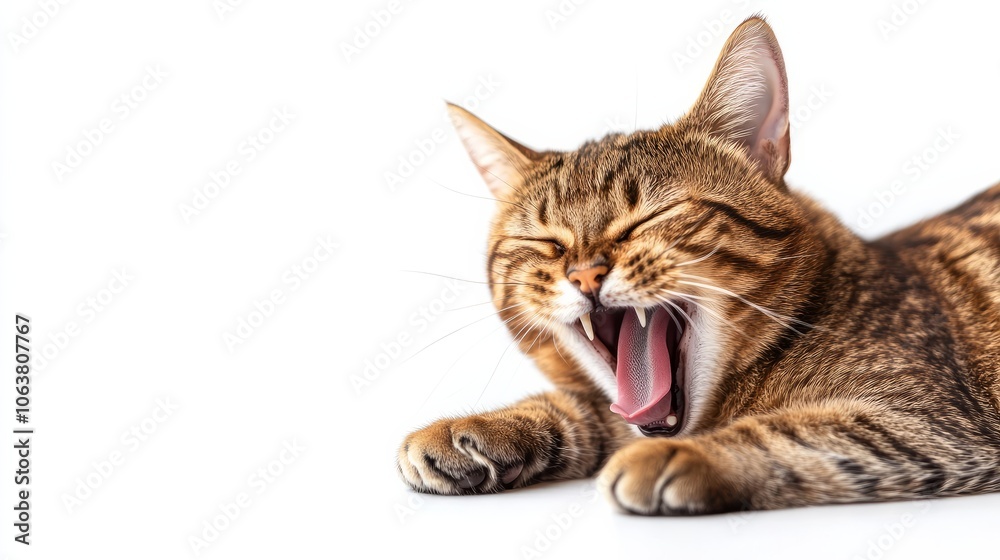 Obraz premium A sleepy cat yawning, showing its sharp teeth and tongue curled, set on a white background