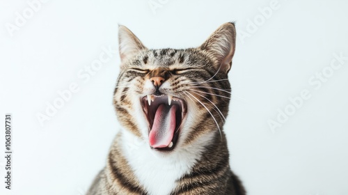 A sleepy cat yawning, showing its sharp teeth and tongue curled, set on a white background