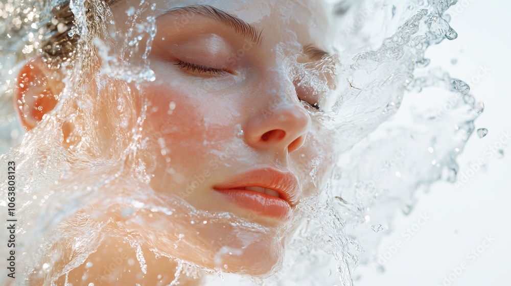 Fototapeta premium A serene close-up of a woman's face partially submerged in water, capturing moments of tranquility and beauty.
