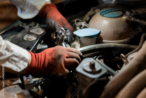 Automotive Mechanic Repairing Engine Components with Wrench in Dimly Lit Garage