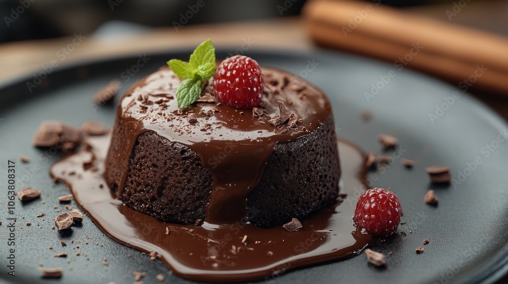 A close-up of a chocolate molten cake with a raspberry and mint garnish, on a black plate, with chocolate shavings around it. A close-up of a chocolate molten cake with a raspberry and mint garnish, on a black plate, with chocolate shavings around it.