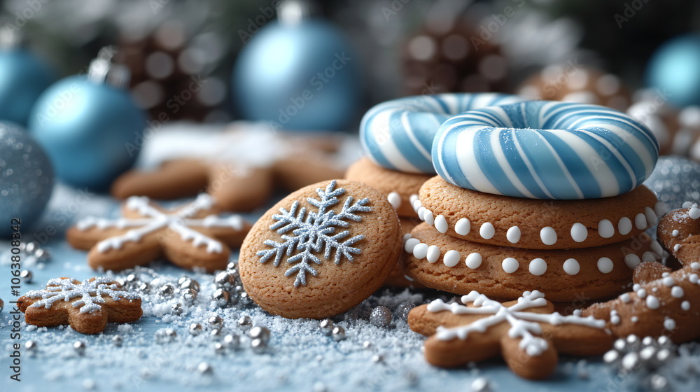 A festive spread of gingerbread cookies with blue and white frosting, decorated with snowflakes and sprinkles. A festive spread of gingerbread cookies with blue and white frosting, decorated with snowflakes and sprinkles.