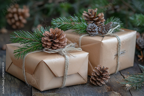 Rustic Handcrafted Gift Boxes on Wooden Background 