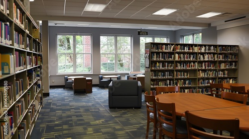 Cozy and Inspiring University Library Interior with Bookshelves and Reading Nook