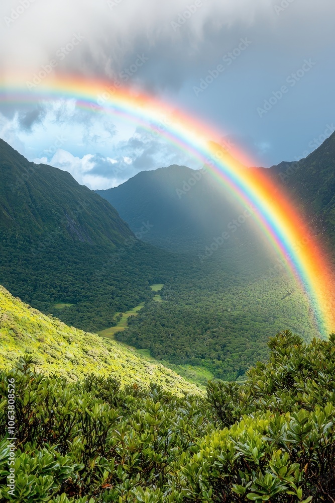Breathtaking rainbow arching over lush green valley and mountains background. Breathtaking rainbow arching over lush green valley and mountains background.