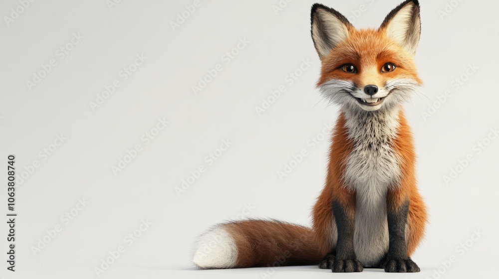 Fototapeta premium A small fox with a bushy tail, sitting cutely on a white background, with a friendly grin.
