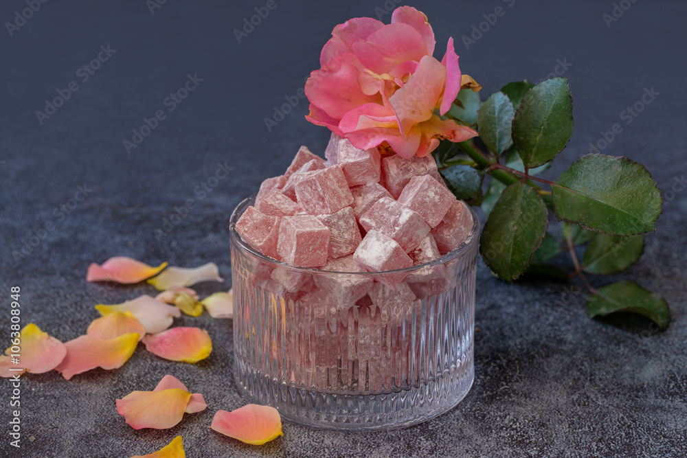 Türkish Isparta's rose delight. Rose flavored, fragrant fresh delight.