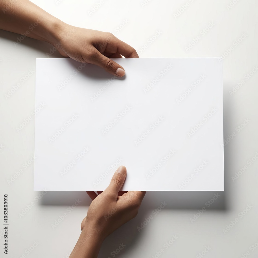A pair of hands holds a blank sheet of white paper against a minimalistic background. A pair of hands holds a blank sheet of white paper against a minimalistic background.