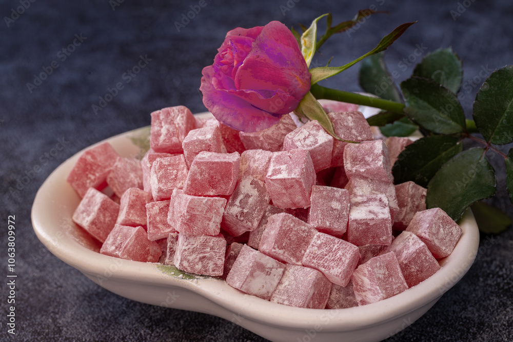 Türkish Isparta's rose delight. Rose flavored, fragrant fresh delight.