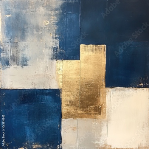 An abstract artwork featuring geometric shapes in deep blue, white, and a striking gold square, blending color and texture harmoniously.