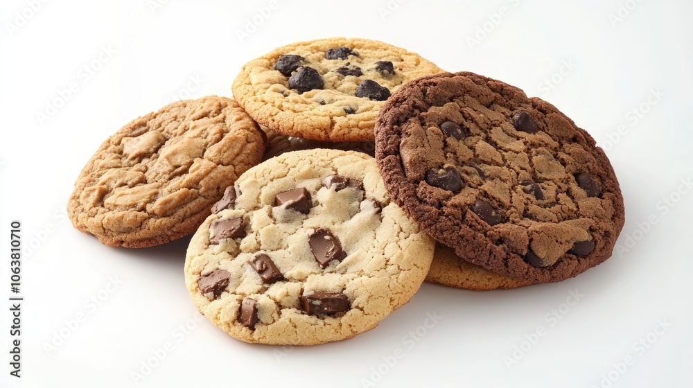 Assortment of freshly baked cookies on a pure white background, focusing on variety and texture. Perfect for bakery concepts or dessert advertising. Assortment of freshly baked cookies on a pure white background, focusing on variety and texture. Perfect for bakery concepts or dessert advertising.