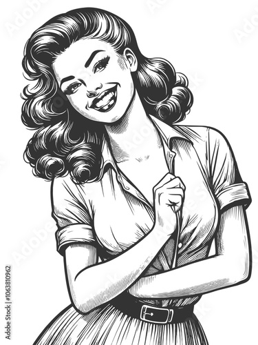 Playful smiling beautiful young woman flirty biting her finger sketch engraving generative ai fictional character vector illustration. Scratch board imitation. Black and white image.