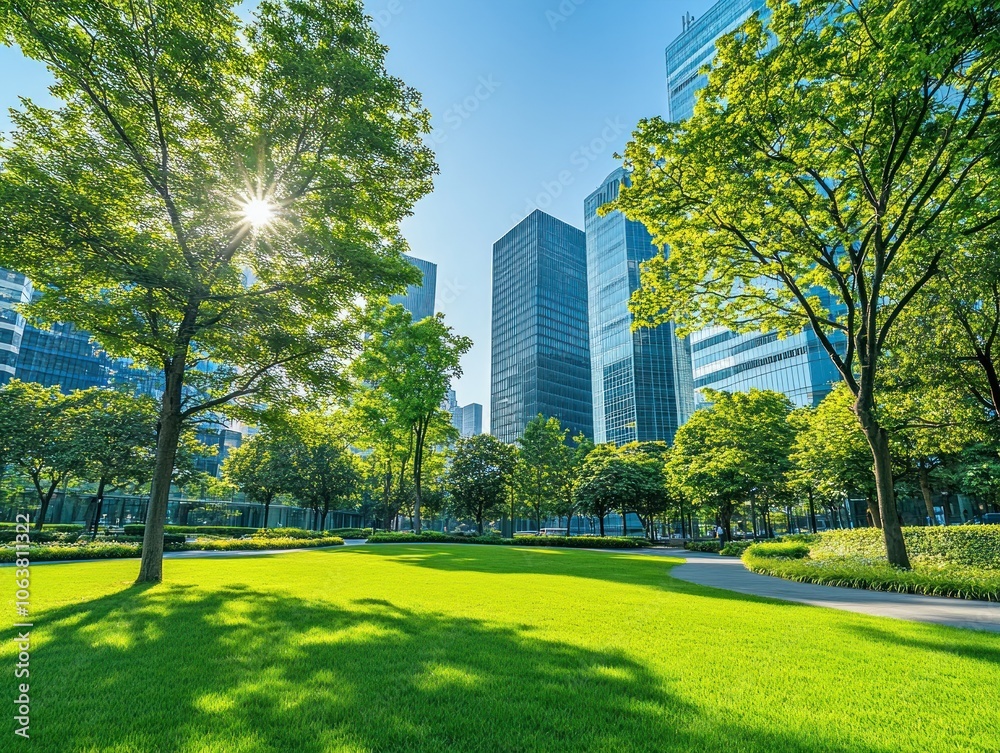 A vibrant urban park with lush greenery and modern skyscrapers under a clear blue sky. A vibrant urban park with lush greenery and modern skyscrapers under a clear blue sky.
