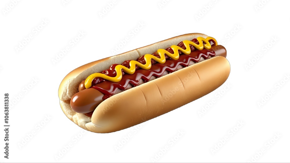 A close-up of a hot dog with ketchup and mustard on a white background. A close-up of a hot dog with ketchup and mustard on a white background.
