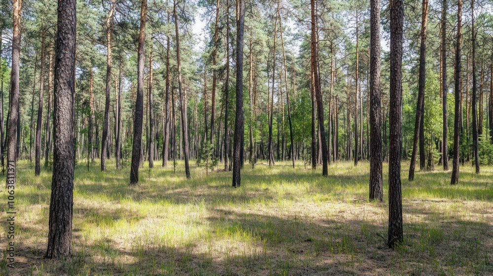 A serene forest landscape with tall trees and grassy ground, inviting nature exploration. A serene forest landscape with tall trees and grassy ground, inviting nature exploration.