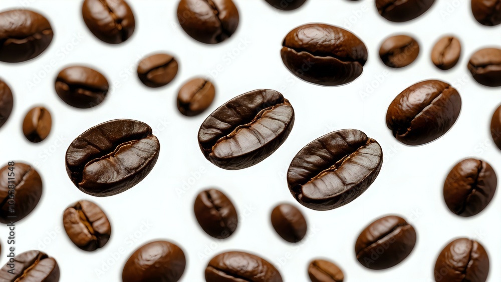 A close-up of roasted coffee beans falling against a white background. A close-up of roasted coffee beans falling against a white background.