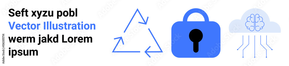 Recycle symbol, blue lock, and cloud-shaped brain connected to circuits representing sustainability, security, and AI. Ideal for environmental tech, cybersecurity, artificial intelligence, digital Recycle symbol, blue lock, and cloud-shaped brain connected to circuits representing sustainability, security, and AI. Ideal for environmental tech, cybersecurity, artificial intelligence, digital
