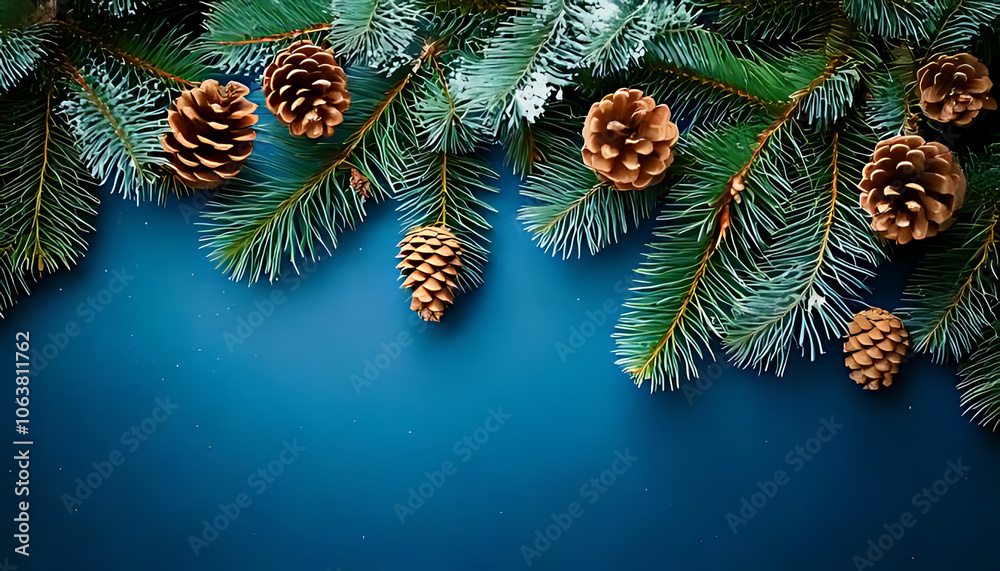 pine cones adorn festive christmas tree branches vibrant blue backdrop pine cones adorn festive christmas tree branches vibrant blue backdrop