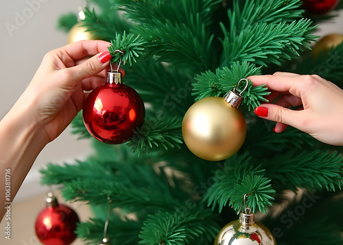 Decorations are being hung from a plastic Christmas tree in preparation for the holiday season celebrations