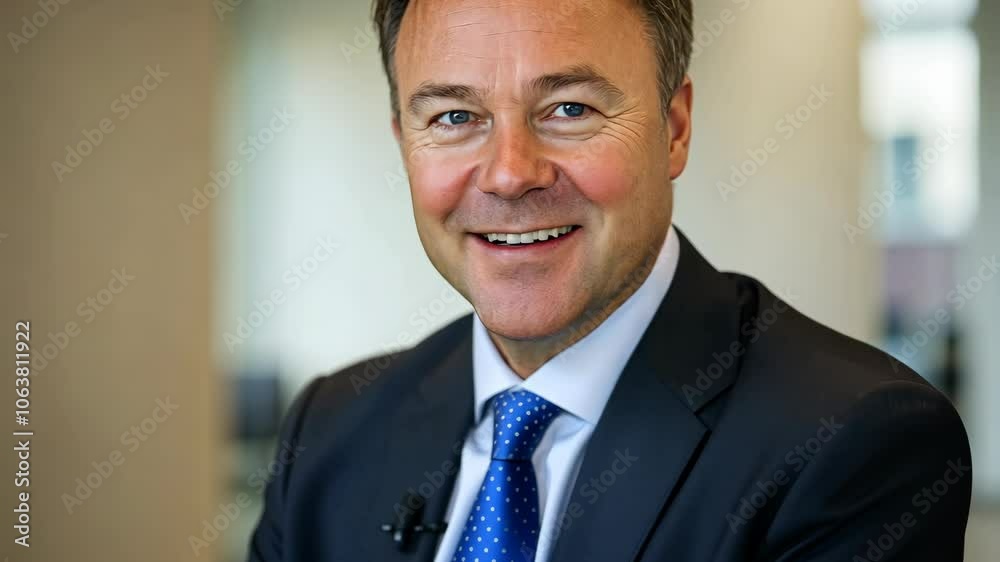 A man in a suit smiles while standing in an office A man in a suit smiles while standing in an office