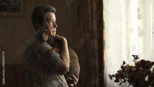 Thoughtful sad elderly woman looking out window holding her old dachshund.