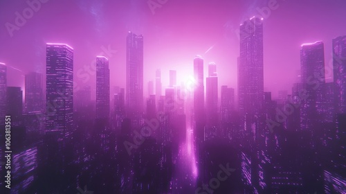 A futuristic cityscape bathed in purple light. The city skyline is silhouetted against a bright, pink sky with light streaks.