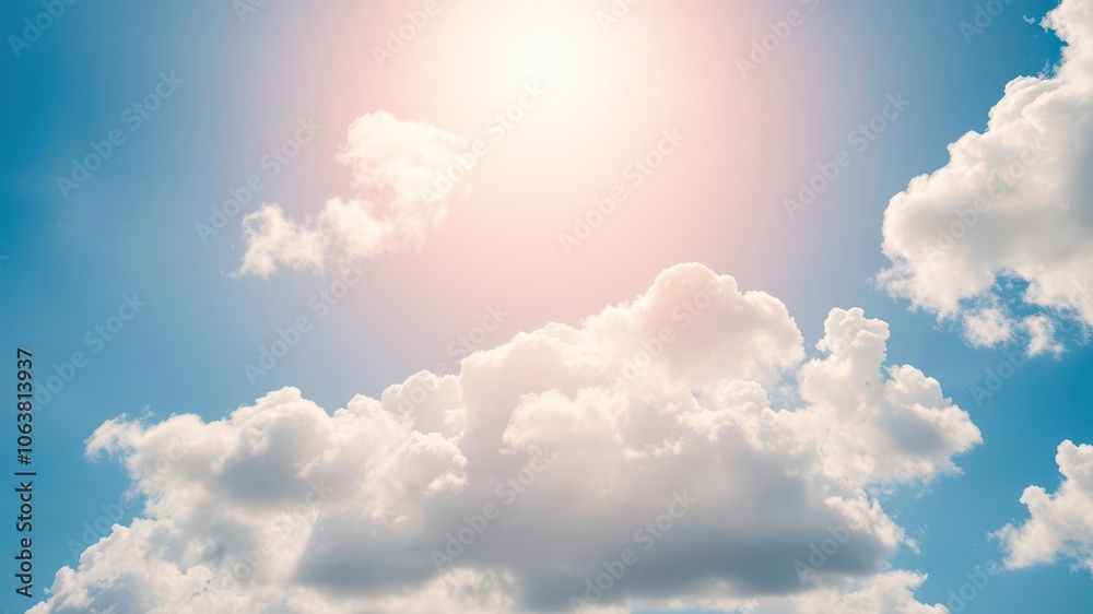 Obraz premium Clear blue sky with fluffy white clouds in the background, perfect for nature or travel concepts, sunny day, travel