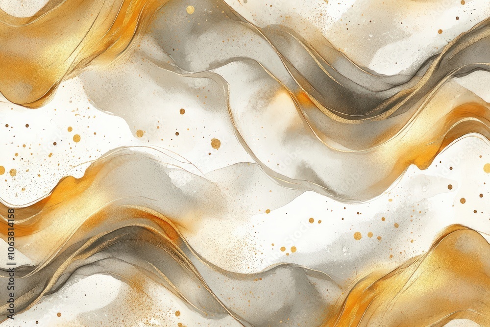 Fototapeta premium A chic, abstract watercolor seamless pattern in metallic hues of gold, silver, and bronze, featuring smooth flowing shapes and splashes, creating an elegant design for high-end packaging or fashion