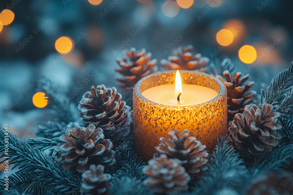 a lit candle surrounded by pinecones and evergreen branches. a lit candle surrounded by pinecones and evergreen branches.