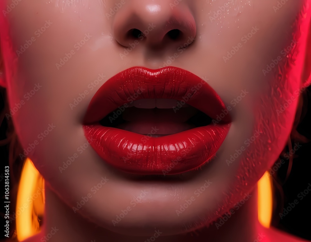 Obraz premium Close-up of a woman's lips adorned with bold red lipstick, showcasing a striking makeup look