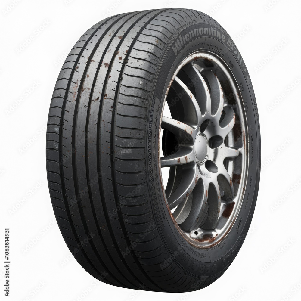Obraz premium A close up of a tire. The tire is black and the rim is silver.