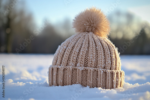 a woolen hat with a pom-pom resting on snow.