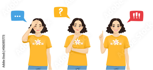 Young beautiful woman making decision - upset, thinking and making idea pointing up isolated on white background vector illustration