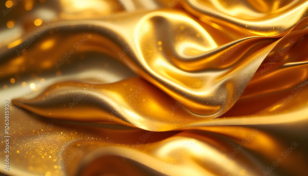 Obraz premium Luxurious golden satin fabric with flowing waves and sparkle for elegant design