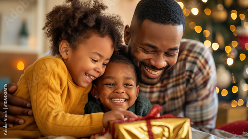 Joyful family unwrapping christmas gifts together in a cozy living room